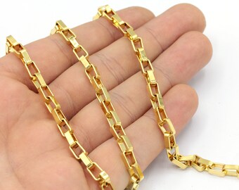 4x7mm 24k Shiny Gold Plated Tiny Box Chain, Box Link Chain, Gold Box Chain, Soldered Chain,  Link Chain, Bulk Lot Chain, Gold Plated Chain