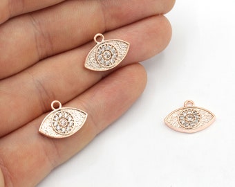 12x16mm Rose Gold Evil Eye Charm, CZ Micro Pave Evil Eye Charm, Pave Eye Pendant, Cubic Zirconia Evil Eye, Eye Charm, Rose Plated Findings
