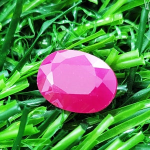 May include: A vibrant, oval-shaped, faceted gemstone in a deep magenta-pink color. The stone features a polished surface with multiple geometric facets that reflect light, creating a brilliant appearance against the surrounding green blades.