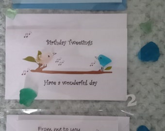 Handmade bird themed sea glasscards. These cards are made using sea glass I've collected from beaches in the North West of England
