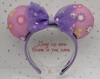 Pink Fireworks Light Up Disney Ears | LED Bow | Glow in the Dark Mickey Minnie Ears | Handmade Headband for Disneyland & Disney World