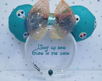 Teal Coco Light Up Disney Ears | LED Bow | Glow in the Dark Mickey Minnie Ears | Handmade Headband for Disneyland & Disney World