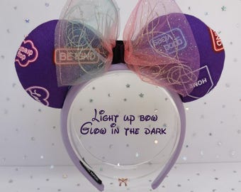 Retro Purple Light Up Disney Ears | LED Bow | Glow in the Dark Mickey Minnie Ears | Handmade Headband for Disneyland & Disney World