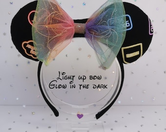 Retro Pride Light Up Disney Ears | LED Bow | Glow in the Dark Mickey Minnie Ears | Handmade Headband for Disneyland & Disney World