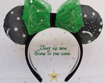 Toy Story Buzz Light Up Disney Ears | LED Bow | Glow in the Dark Mickey Minnie Ears | Handmade Headband for Disneyland & Disney World