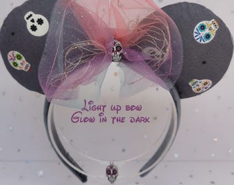 Grey Coco Light Up Disney Ears | LED Bow | Glow in the Dark Mickey Minnie Ears | Handmade Headband for Disneyland & Disney World