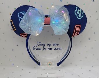Blue Retro Light Up Disney Ears | LED Bow | Glow in the Dark Mickey Minnie Ears | Handmade Headband for Disneyland & Disney World