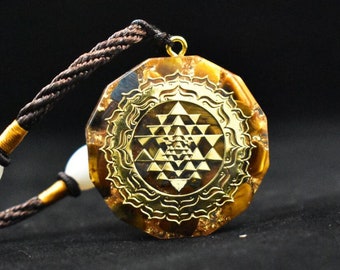 Orgonite Natural Tiger Eye Crystal Pendant Necklace-Sri Yantra Sacred Geometry Orgone-EMF Protection Chakra Healing Orgone-Orgonite Gift