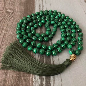 Malachite Gemstone Grounding Necklace-108 Mala Beads Tassel Necklace-Mala Necklace Yoga Gift