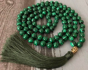 Malachite Gemstone Grounding Necklace-108 Mala Beads Tassel Necklace-Mala Necklace Yoga Gift