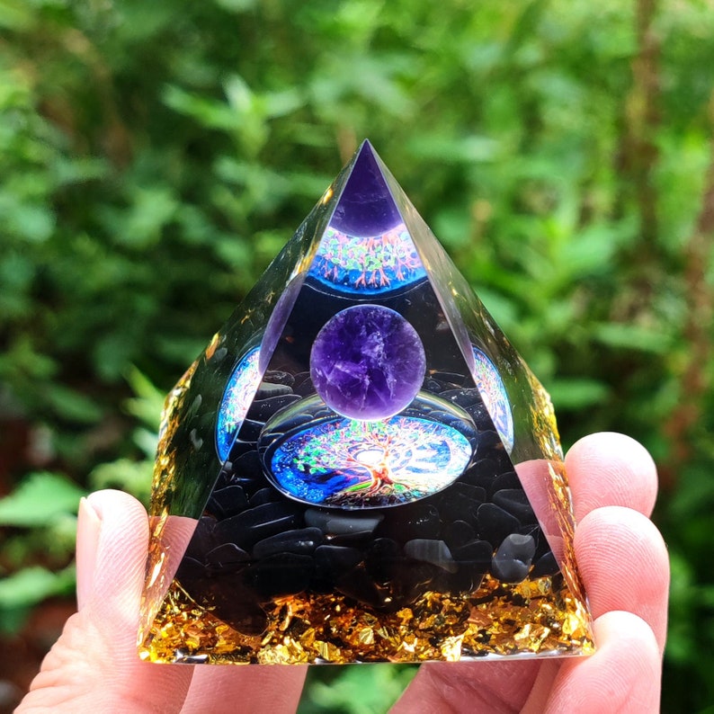 Tree of Life Amethyst Sphere With Obsidian Orgonite Pyramid, Reiki Healing Chakra Meditation Tool