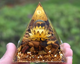 Citrine Crystal Sphere Orgone Pyramid-Natural Tiger Eye Balance Reiki Meditation Orgonite-Positive Energy Generator Healing EMF Protection