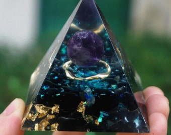 Amethyst Sphere Crystal Orgone Pyramid-Natural Obsidian Meditation Orgonite Pyramid-Positive Energy Generator Healing Reiki EMF Protection