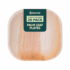 May include: A pack of 25 disposable palm leaf plates. The plates are 4 inches square and are made from natural palm leaves. The plates are biodegradable and compostable.