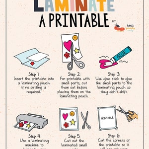 Puede incluir: Una infograf&iacute;a instructiva titulada HOW TO LAMINATE A PRINTABLE de Little Smarty Ants. Presenta seis pasos ilustrados que muestran el proceso de insertar un imprimible en una funda, cortar formas, usar pegamento, laminar y recortar esquinas.