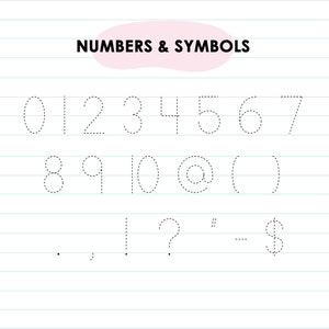 May include: A worksheet with dotted lines for tracing numbers and symbols. The numbers 0-10, the symbols @, (, ), ., ,, !, ?, ", -, and $ are included.