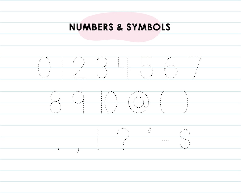 May include: A worksheet with dotted lines for tracing numbers and symbols. The numbers 0-10, the symbols @, (, ), ., ,, !, ?, ", -, and $ are included.