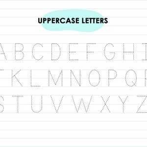 May include: A worksheet with dotted lines for tracing uppercase letters of the alphabet. The letters are arranged in three rows. The title "UPPERCASE LETTERS" is at the top of the page.