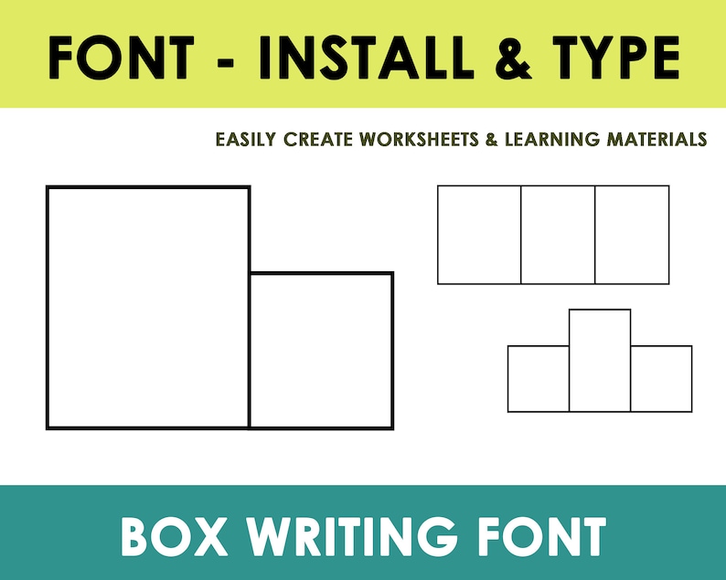 K&ouml;nnte beinhalten: Eine digitale Grafik mit dem Text FONT - INSTALL & TYPE, EASILY CREATE WORKSHEETS & LEARNING MATERIALS und BOX WRITING FONT. Das Bild zeigt verschiedene quadratische und rechteckige K&auml;sten mit schwarzem Umriss in unterschiedlichen Anordnungen.