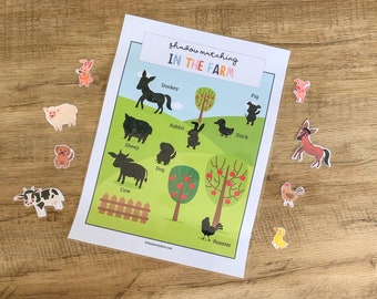 Farm Animals Printable, Match the Animals, Shadow Matching, Busy Book, Toddler Activity Printable, Homeschool Learning, Farm Animal Activity