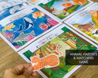 Animal Matching, Tiere lernen, druckbare Tieraktivität, Tierlebensräume, druckbare Vorschule, druckbare Aktivität für Kleinkinder, Montessori