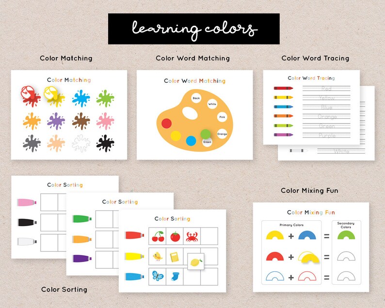 Puede incluir: Un conjunto de hojas de trabajo educativas titulado Learning Colors, que incluye actividades para emparejar colores, palabras, trazar, clasificar y mezclar colores con ilustraciones de manchas de pintura, crayones y objetos.