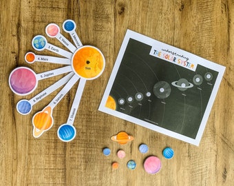 Planetas imprimibles, sistema solar imprimible, unir los planetas, actividad de los planetas, aprender el sistema solar, educación preescolar en casa, herramienta Montessori