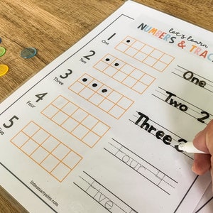 Nummer afdrukbaar, getallen traceren, getallen tellen, voorschoolse wiskunde, Montessori wiskunde, thuisschool wiskunde, wiskunde afdrukbaar, getallen en tellen afbeelding 3