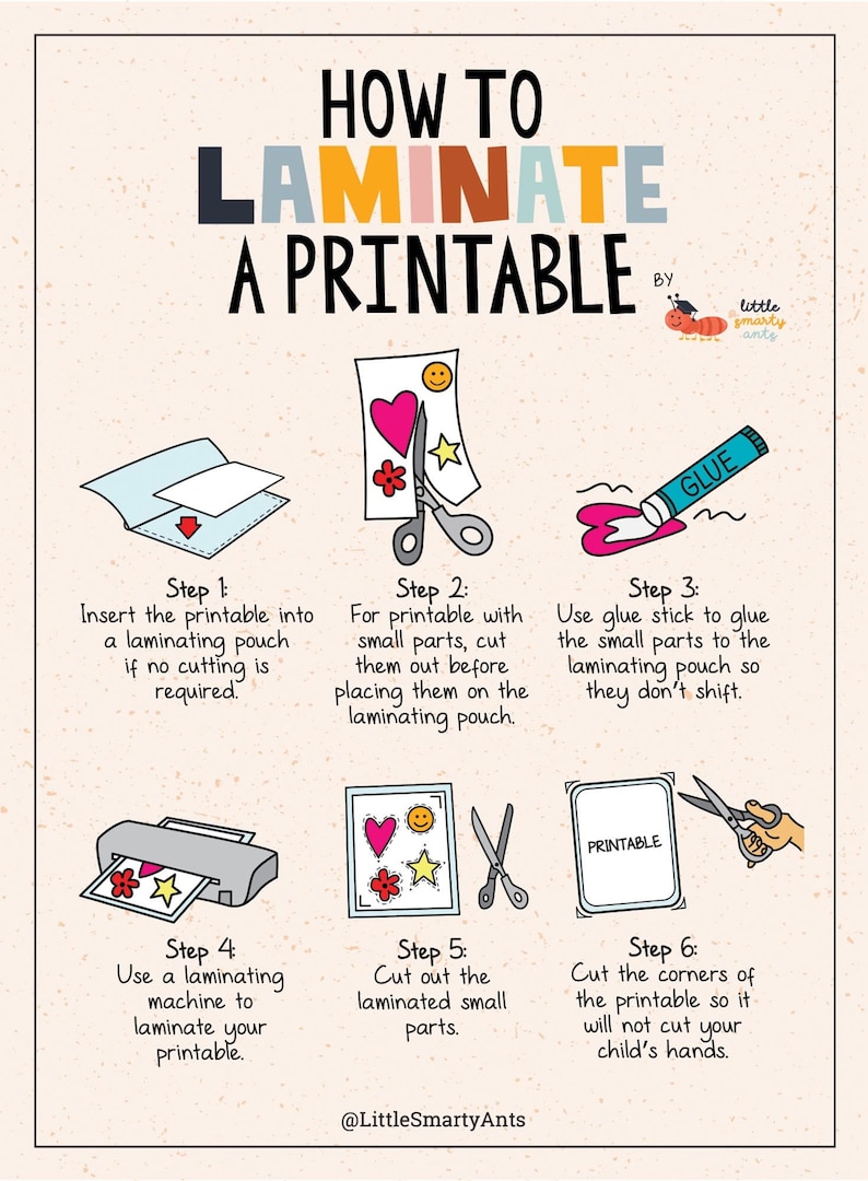 May include: An instructional infographic titled HOW TO LAMINATE A PRINTABLE by Little Smarty Ants. It features six illustrated steps showing the process of inserting a printable into a pouch, cutting shapes, using glue, laminating, and trimming corners.