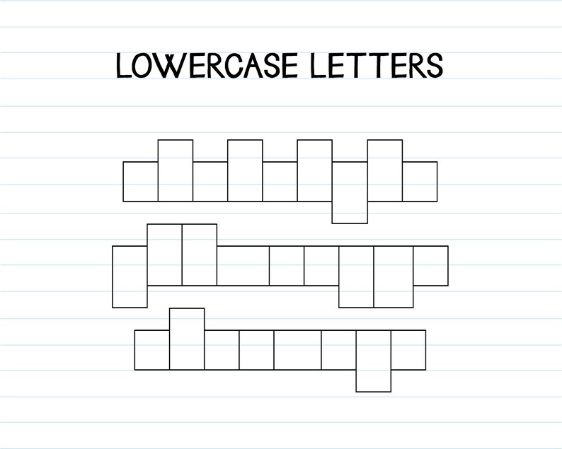 K&ouml;nnte beinhalten: Ein Arbeitsblatt mit dem Text LOWERCASE LETTERS oben, gefolgt von drei Reihen leerer, schwarz umrandeter rechteckiger K&auml;stchen, die in einem Kreuzwortr&auml;tsel-Gittermuster auf einem Hintergrund aus horizontalen blauen Linien angeordnet sind.