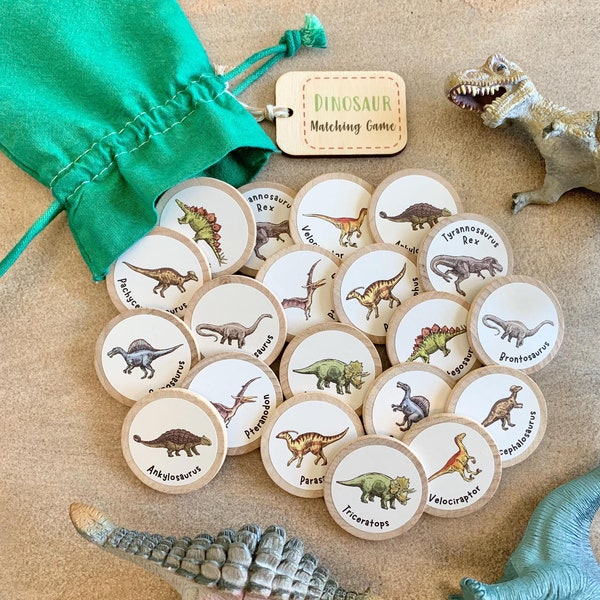 Dinosaur Wooden Matching Memory Game | Kids Stocking Stuffer | Busy Bag | Travel Toy | Kids Gift | Homeschool Preschool Kindergarten