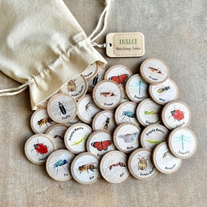 May include: Insect matching game with wooden discs featuring insect illustrations and names. The game includes a drawstring bag and a wooden tag that reads "Insect Matching Game". The discs are scattered on a neutral surface.
