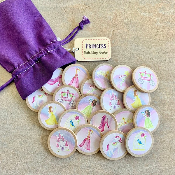 Princess Wooden Matching Memory Game | Kids Stocking Stuffer | Busy Bag | Travel Toy | Kids Gift/Activity | Princess Party