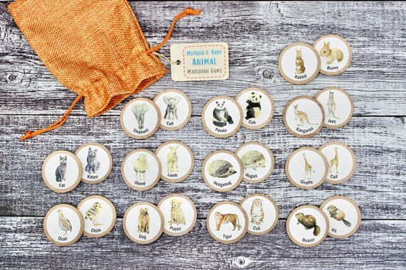 Mother & Baby Animal Wooden Matching Memory Game Busy Bag | Etsy