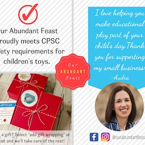 May include: Image features two red gift boxes tied with white and red twine, each with a circular sticker. Text includes "Our Abundant Feast" and "Happy Holidays!" A blue box states "I love helping you make educational play part of your child's day."