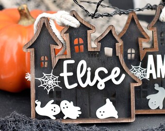 Halloween Personalized Basket Shaker Tag | Haunted House | Spider Web | Glow in the dark Ghost | Boo Name Tag