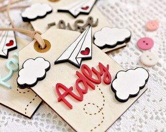 Personalized Valentine Gift Tag: Paper Airplane Wooden Name Label