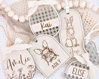 Easter Basket Tag | Egg Tags | Rattan Bunny | Wooden Personalized Label | Rabbit Glasses | Spring Decor