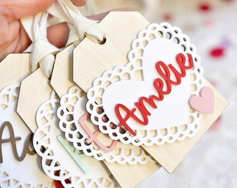 Personalized Valentine Gift Tag: Acrylic Name, Lace Doily, Wooden Tag