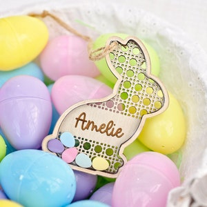 Easter Basket Shaker Tag | Rattan Bunny Spring Gift Basket Personalized Label | Acrylic Pastel Eggs Rabbit Ornament