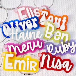 Étiquettes de sac personnalisées pour enfants | porte-clés prénom enfant | Accessoire pour sac à dos scolaire | Porte-clés | Acrylique translucide