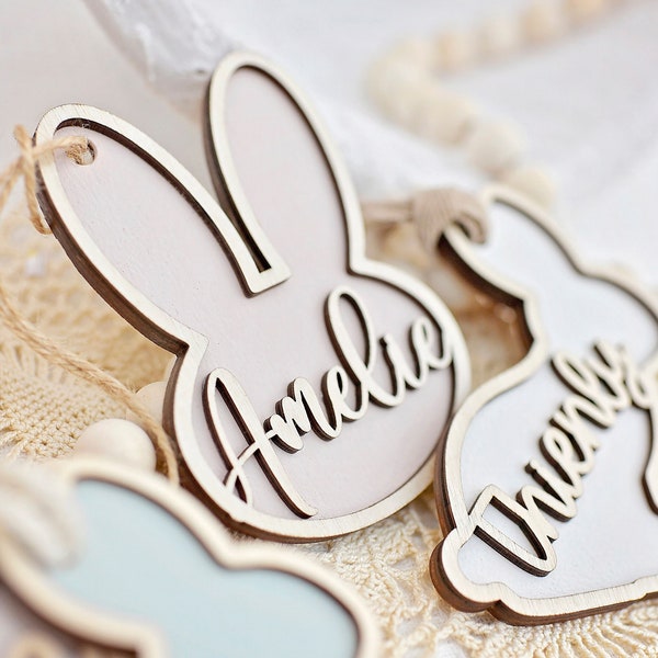 Easter Basket Bunny Tag | Wooden Rabbit Personalized Name Label Tags | Pastel Spring Decor