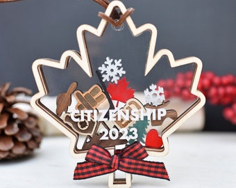 Canada Maple Leaf Christmas Ornament | Canadian Holiday Decoration | Mason Jar Keepsake | Honeymoon | Vacation | Citizenship | Buffalo Plaid