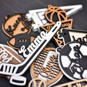 Personalized Sports Bag Tag: Wood & Acrylic Athlete Keychain