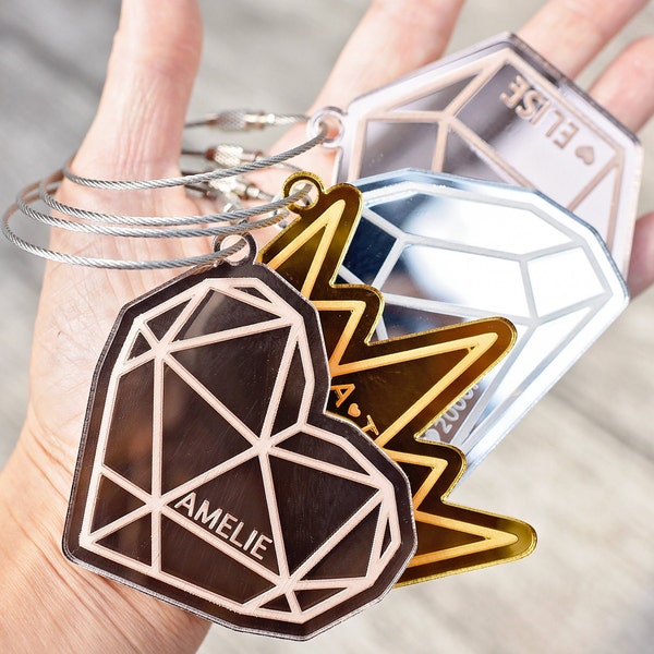 Mirrored Acrylic Geometric Shape Keychains | Custom Personalized Key Ring | Name Tag | Heart | Jewel | Crown | Bling