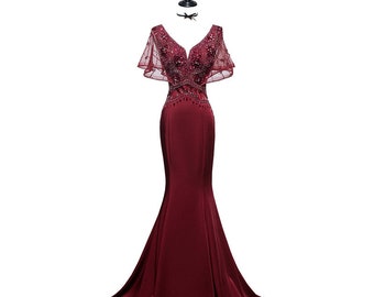 Burgundy Mermaid Deep V-Neck Long Sleeves Appliques Lace Beading Fllor-Length Long Ruffle Backless Formal dress, Illusion See-through Dress