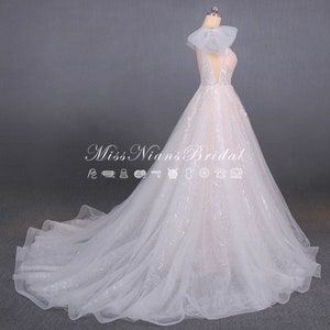 Custom Lace & Tulle blush, Luxury sparkle lace wedding dress, unique sleeveless bridal gown, Embroidered Wedding Dress V-neck, backless, image 1