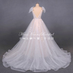 Custom Lace & Tulle blush, Luxury sparkle lace wedding dress, unique sleeveless bridal gown, Embroidered Wedding Dress V-neck, backless, image 4