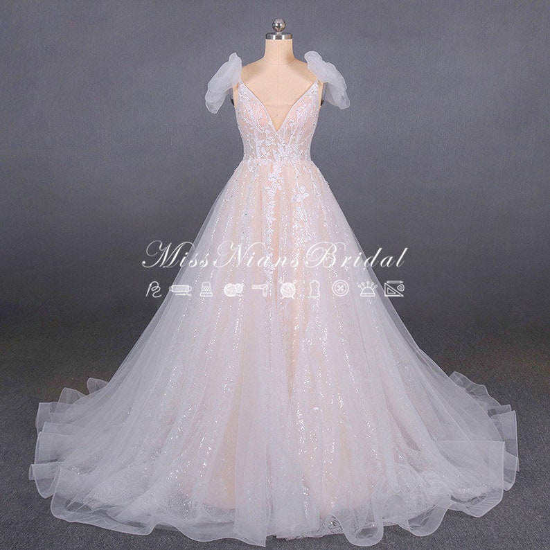 Custom Lace & Tulle blush, Luxury sparkle lace wedding dress, unique sleeveless bridal gown, Embroidered Wedding Dress V-neck, backless, image 5