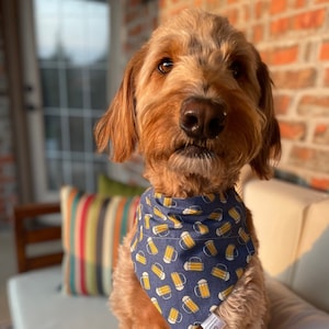 Tasses à bière sur bandana pour chien réversible à carreaux Gingham bleu / gris, accessoire personnalisé pour animaux de compagnie, vêtements de cou pour chien de football